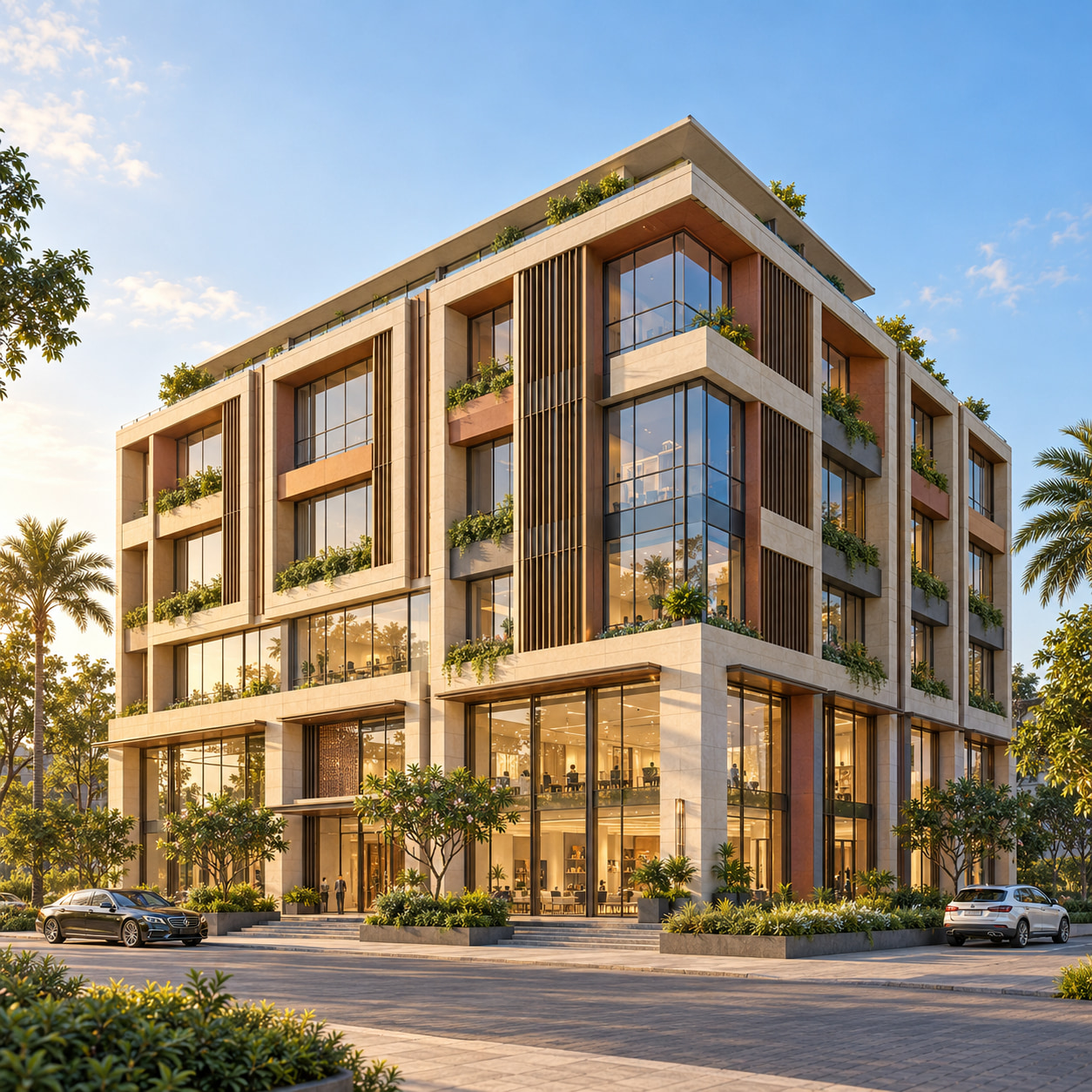 AI-generated concept of a contemporary commercial complex with warm stone façades, glass offices and landscaped retail frontage; not an actual property listing
